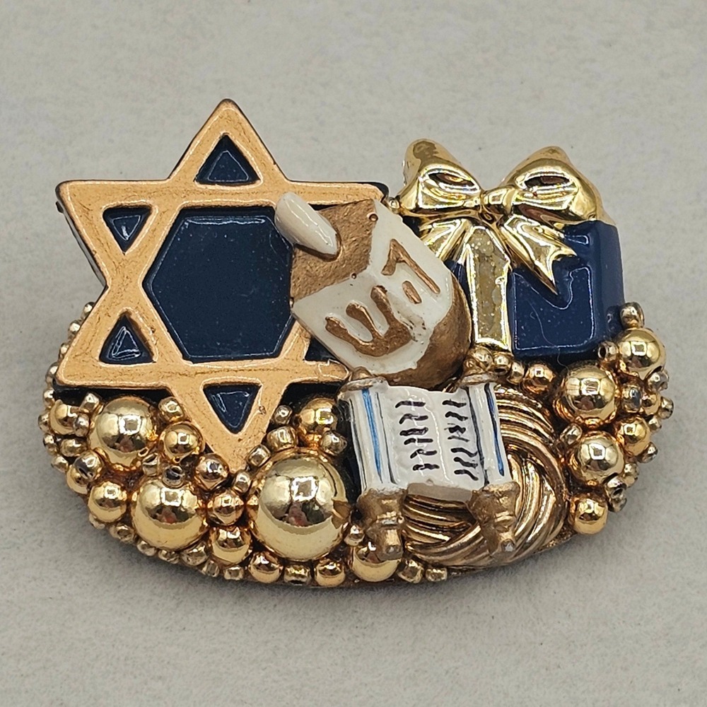 Vintage Hanukkah Brooch Star of David Dreidel Torah Blue Gold Tone Holiday Pin